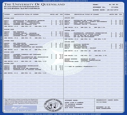 The University of Queensland Fake College Transcripts 1
