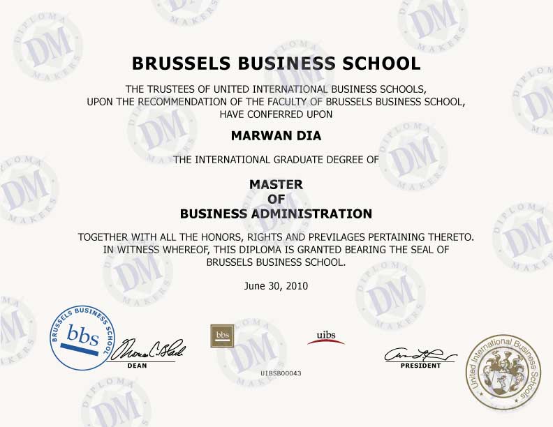 Belgium Fake Diploma Sample from Brussels Business School