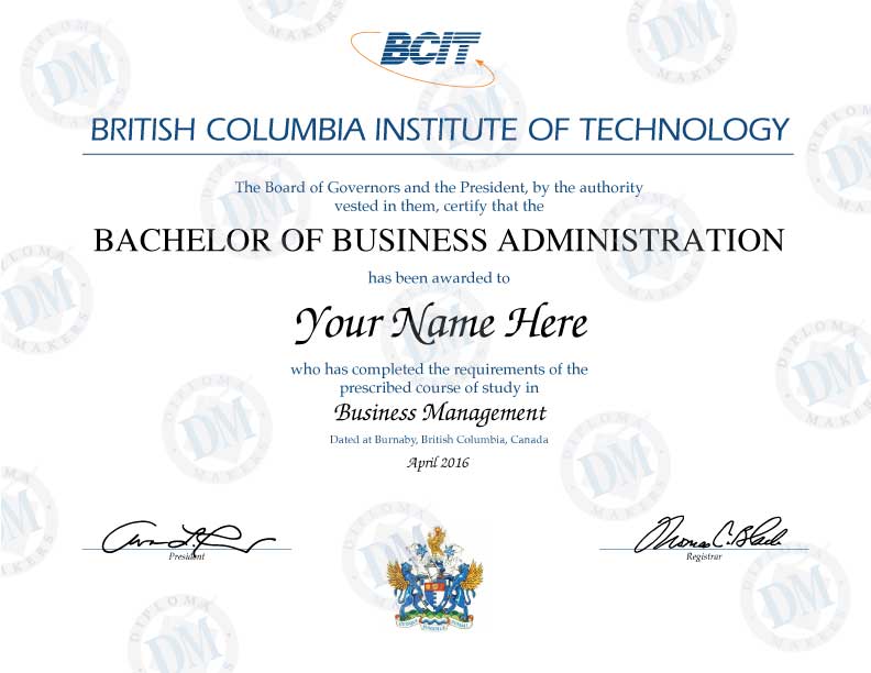 Canada British Columbia Fake Diploma from Institute of Technology