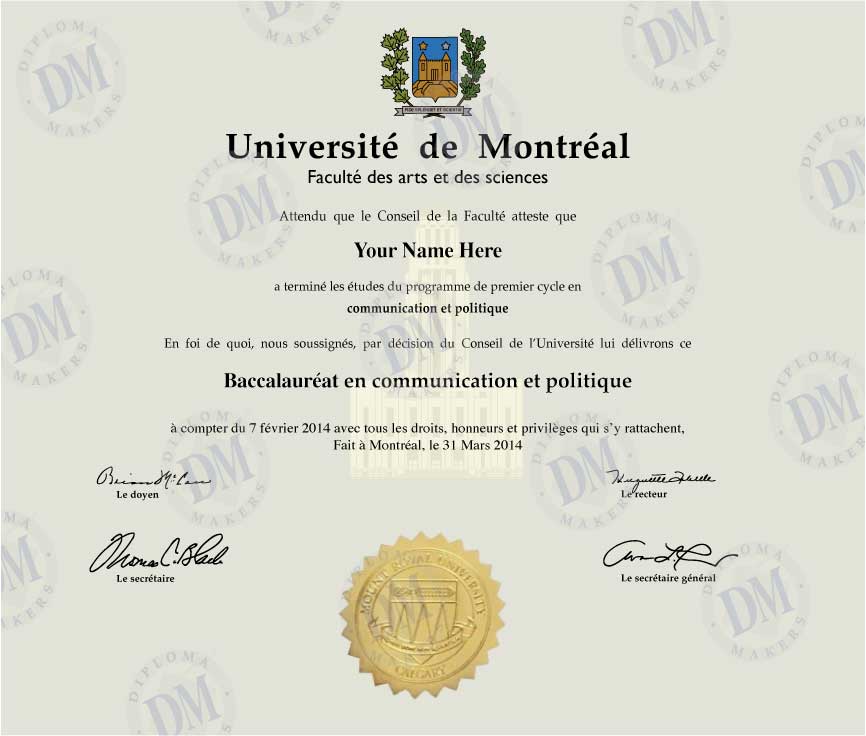 Canada fake diploma sample University of Montreal