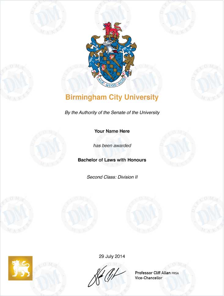England Fake Diploma Sample from Birmingham City University