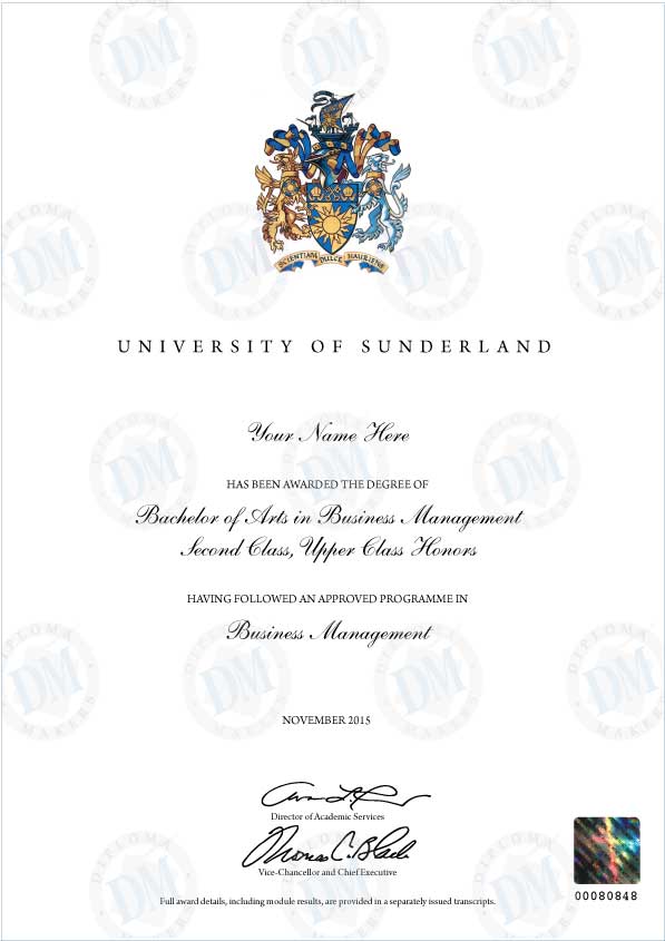 England fake diploma sample University of Sunderland
