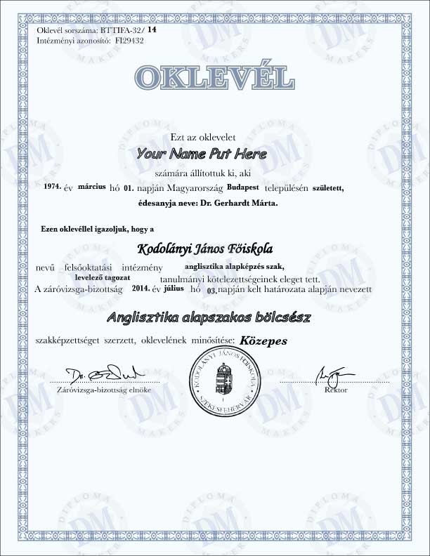 Hungary fake diploma samples Kodolányi János Főiskola