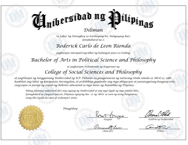 Philippines fake diploma sample Universidad ng Pilipinas