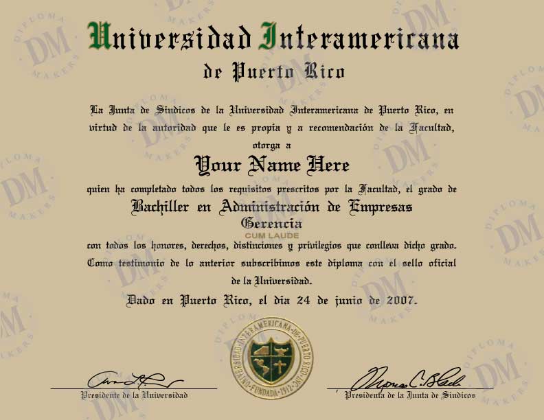 Puerto Rico fake diploma sample Universidad Interamericana