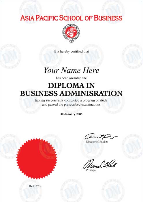 Singapore Fake Diploma Sample from Asia Pacific School of Business