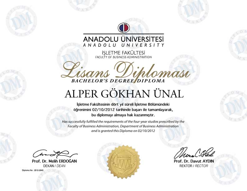 Turkey Andaolu Universitesi Fake Diploma